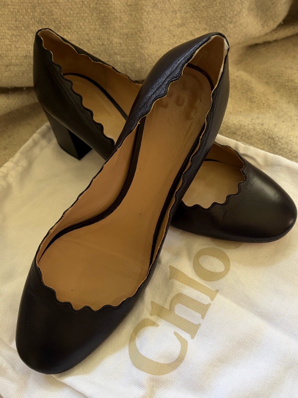 Chloe Black Scalloped Leather Block Heel Pumps